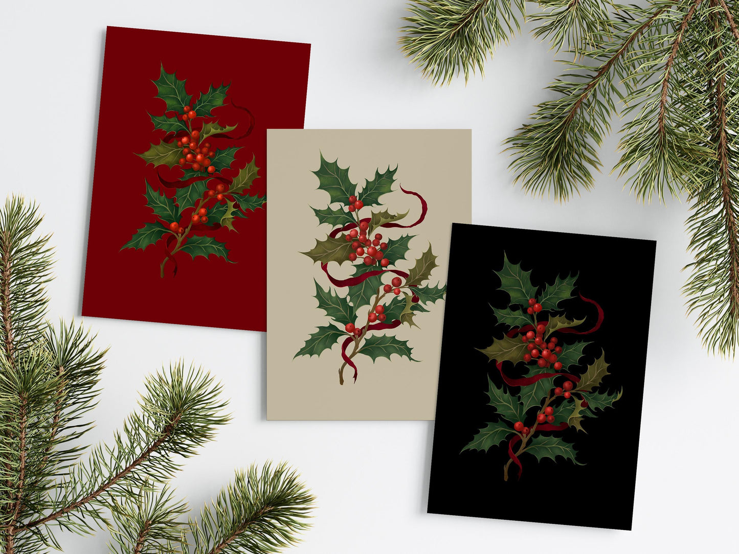 Pack of 3, Christmas Holly Greeting card, Magical Greeting Card