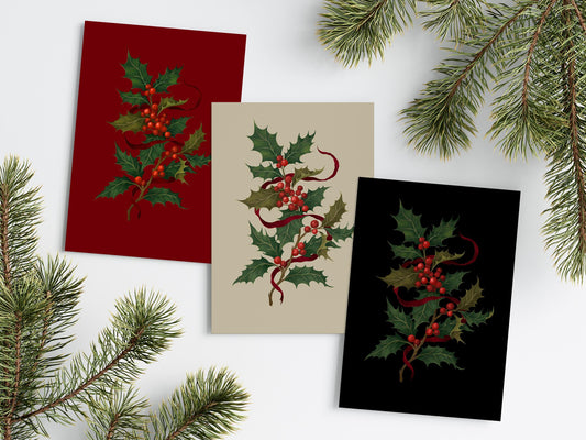 Pack of 3, Christmas Holly Greeting card, Magical Greeting Card